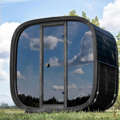 Sauna d'extérieur à vapeur Onyxia Cube Holl's avec façade entièrement vitrée