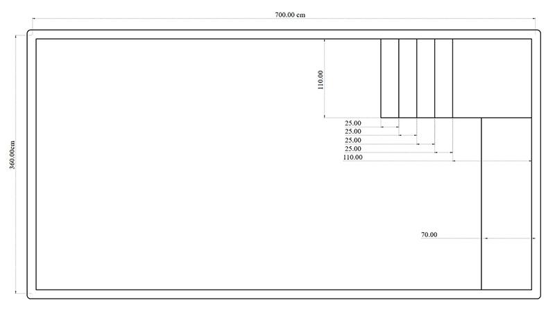 Dimensions de la piscine &agrave; coque vinylester Pietra 7 x 3,60 m