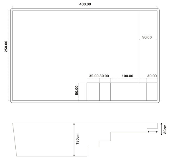 Dimensions de la piscine &agrave; coque Bella 4 x 2,50 m