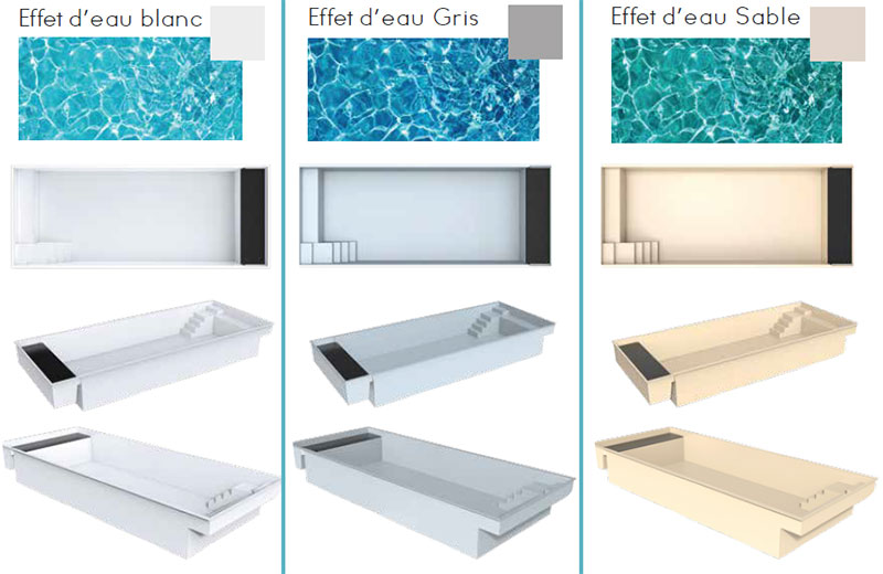Vues 3D de la piscine coque Divana et de ses 3 coloris